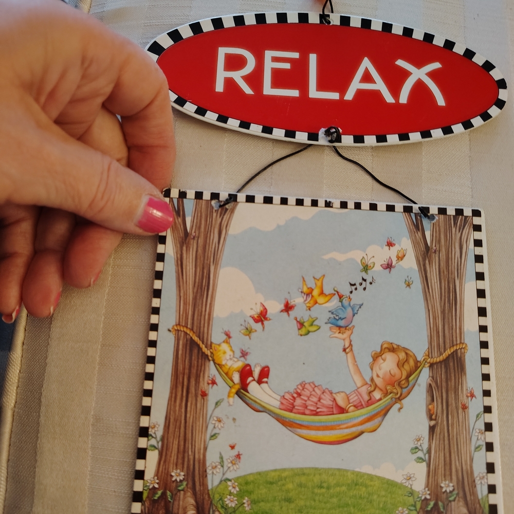 Mary 🍒Engelbrecht "Relax" Wall Hanging Sign in Red with Illustrated Plaque